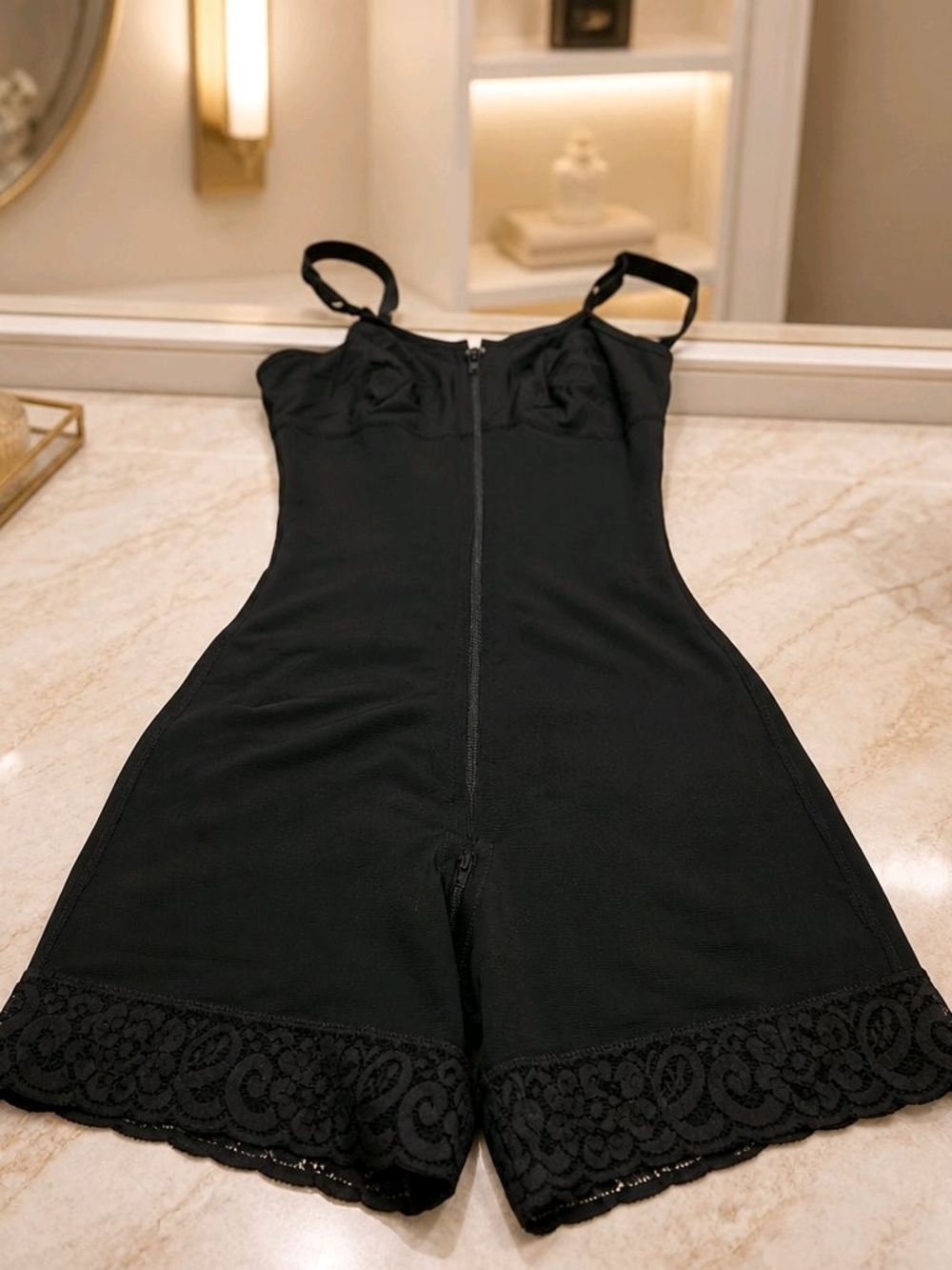 Black Lace-Trim Shapewear Romper with Adjustable Straps